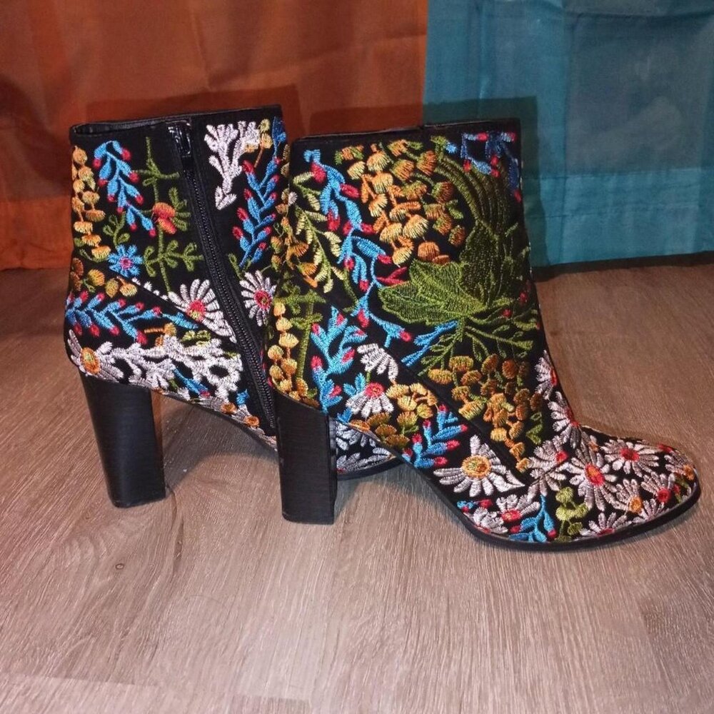 Black floral embroidered ankle boots